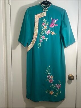 Qipao Long Dress Green Teal Floral Bird Design Cheongsam Mandarin Neck Sz Large